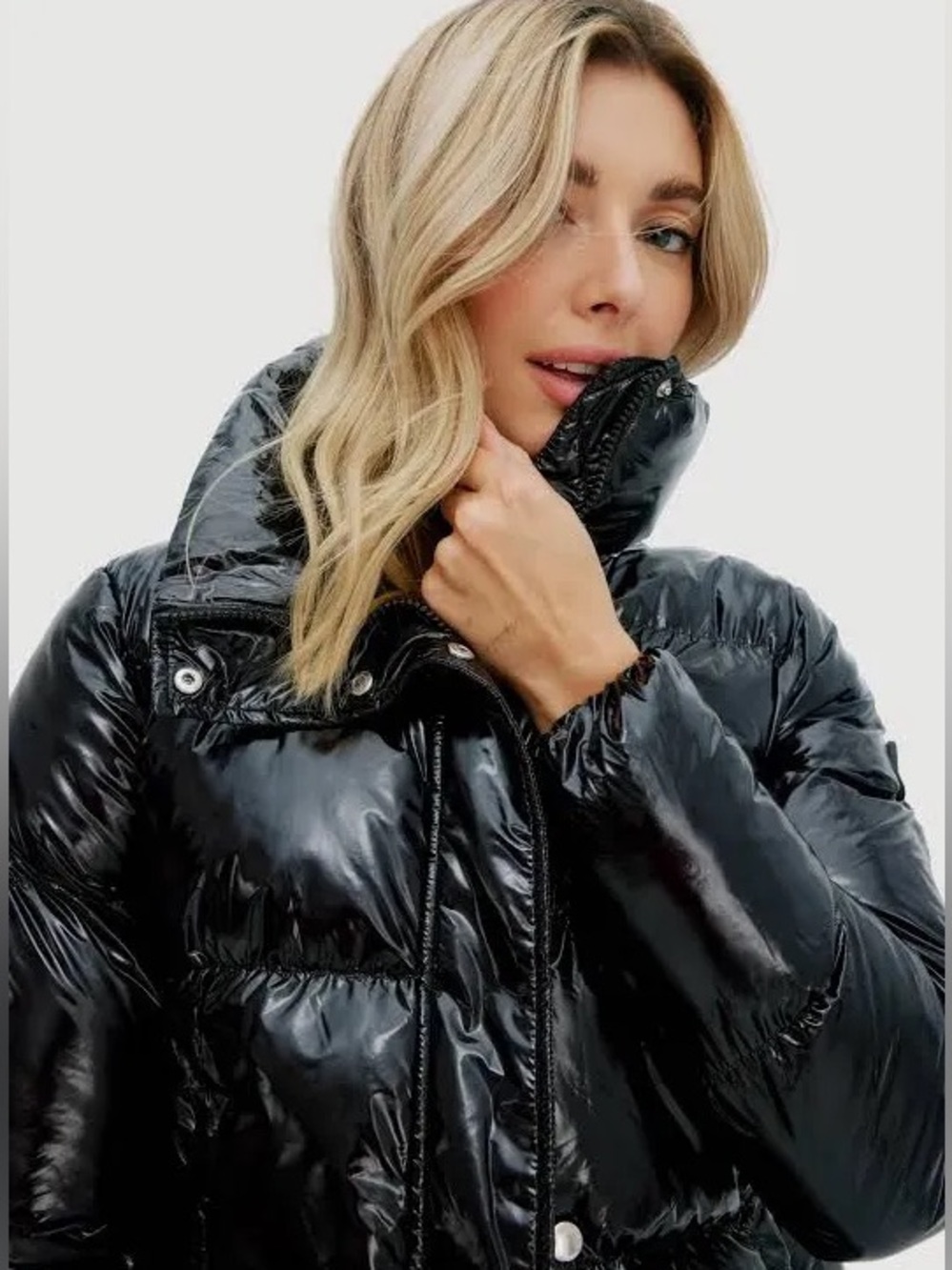 NWOT NOIZE Coco Glossy Black Cropped Puffer Women's Jacket S High Shine Wet Look